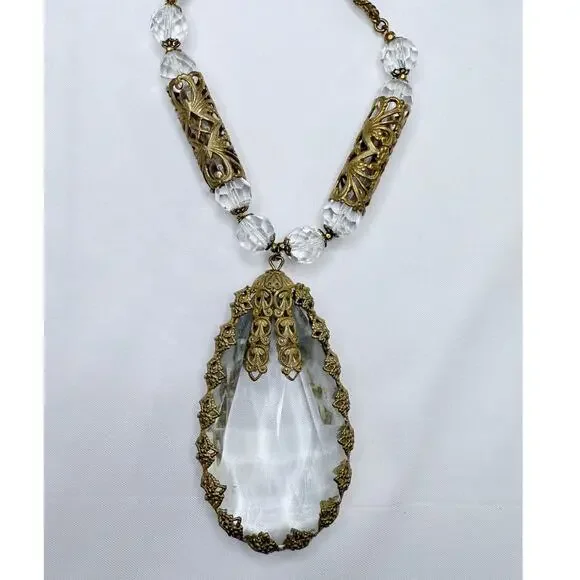 Vintage 1950s Miriam Haskell Baroque Crystal & Filigree Pendant Necklace - Picture 2 of 9